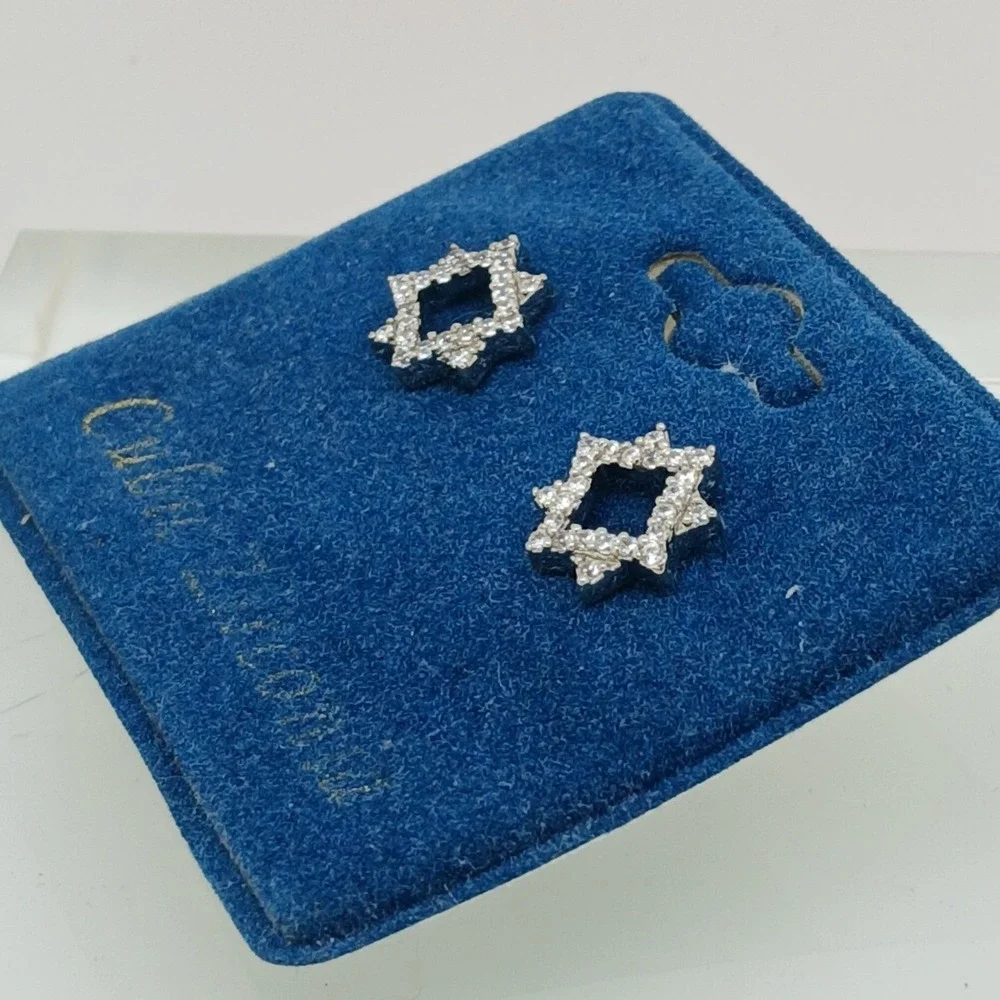 Vintage 1990s Cubic Zirconia Geometric Star Stud Earrings Silver Tone New‎
